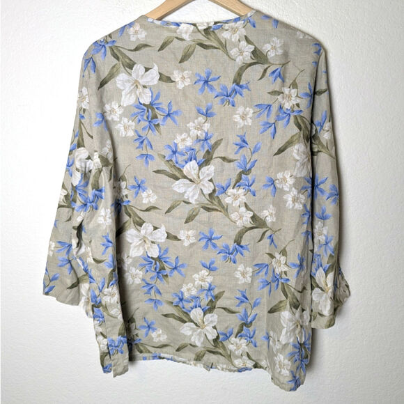 Liz Claiborne 100% Linen Floral Sage Green Button Front Top Women L Office Work - Picture 2 of 9